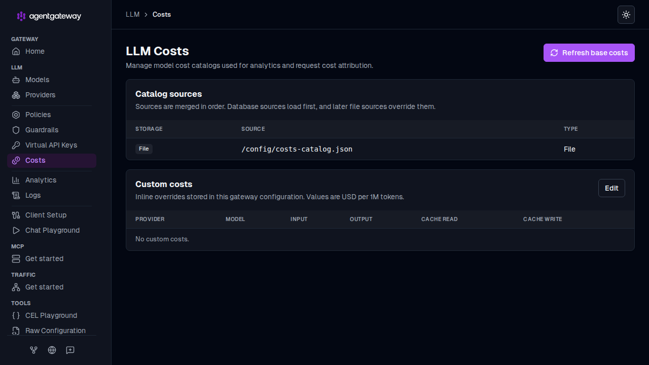 UI LLM Costs page showing catalog sources and custom cost overrides
